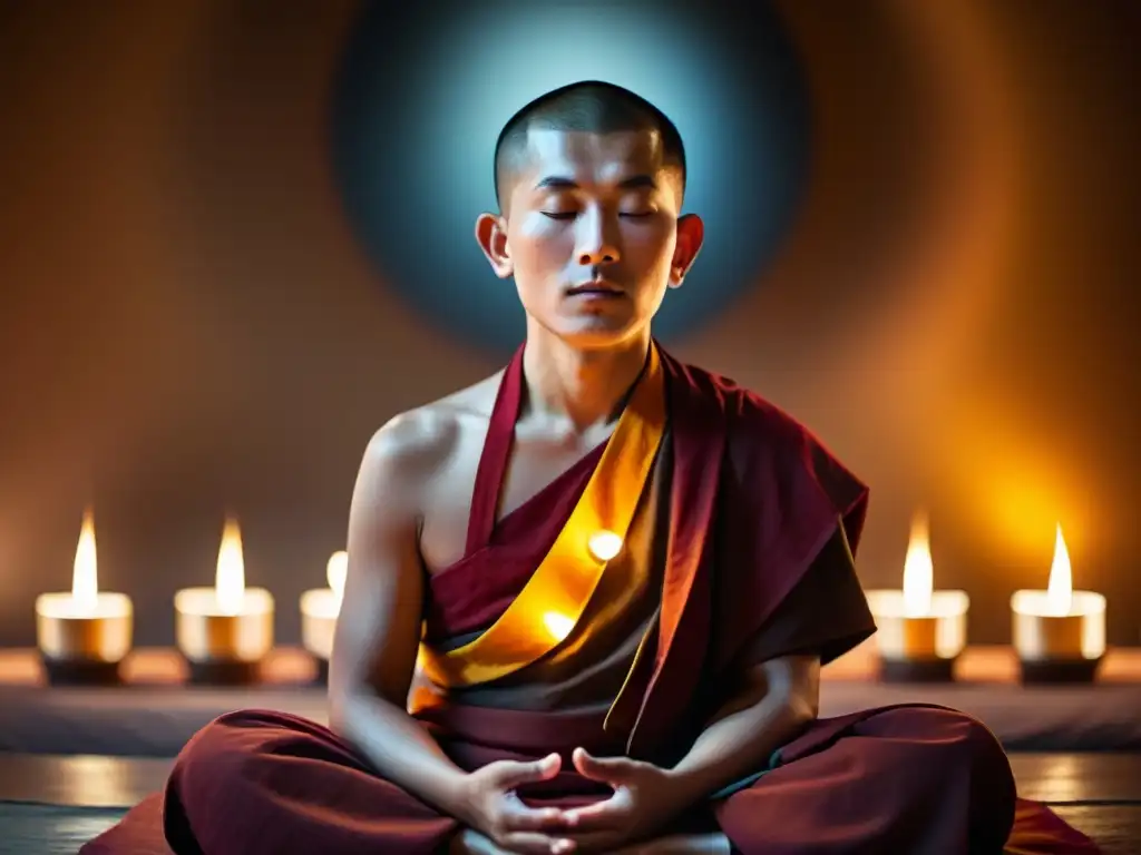 Un monje tibetano en meditación, iluminado por velas, respira serenidad en esta imagen de alta resolución