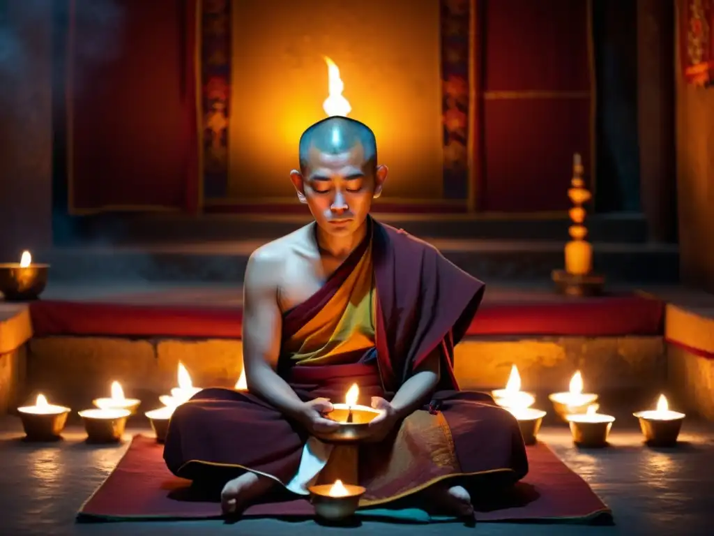 Monje tibetano en meditación profunda, rodeado de velas y tapices coloridos en un templo