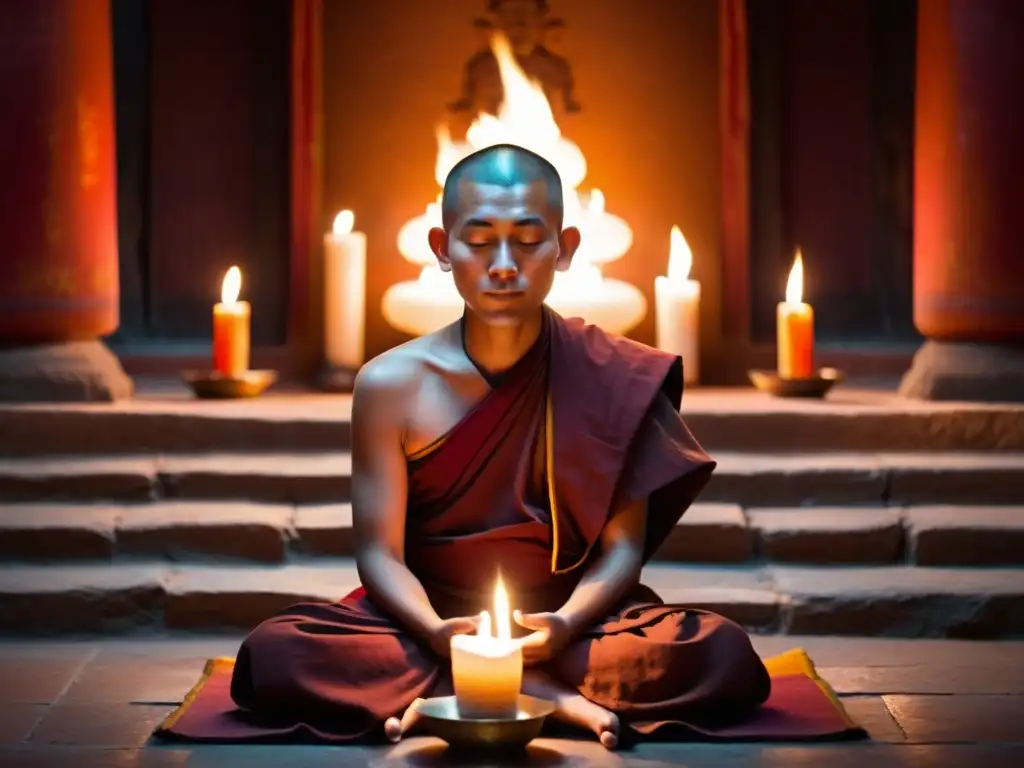 Un monje tibetano medita en un templo iluminado por velas, evocando el control de la respiración en el Tíbet