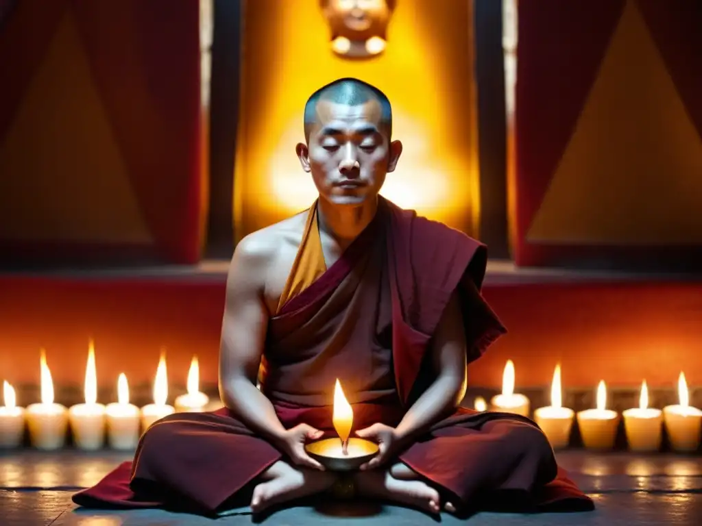 Un monje tibetano practica respiración Tummo en un templo iluminado por velas, concentrado y sereno, rodeado de una atmósfera mística y envolvente