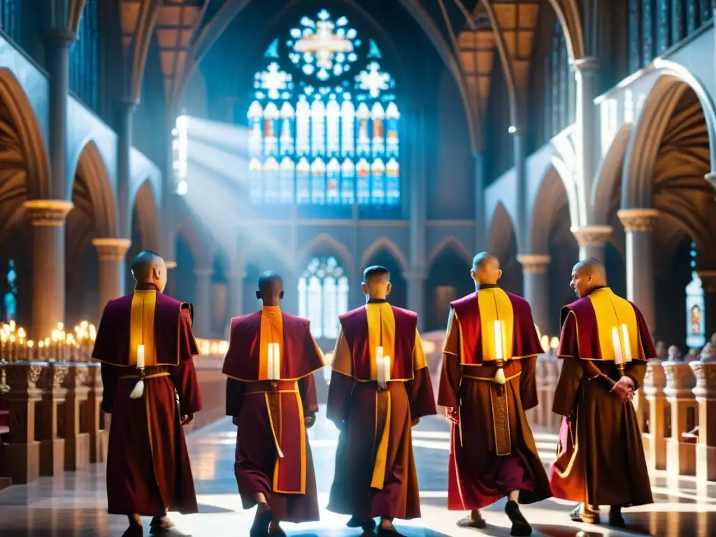 Monjes entonando cánticos gregorianos en catedral Monjes cantando gregoriano en catedral iluminada, beneficios respiración canto gregoriano