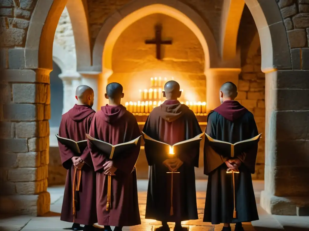 Monjes cantando música gregoriana en un monasterio medieval iluminado por velas, respiración y canto gregoriano