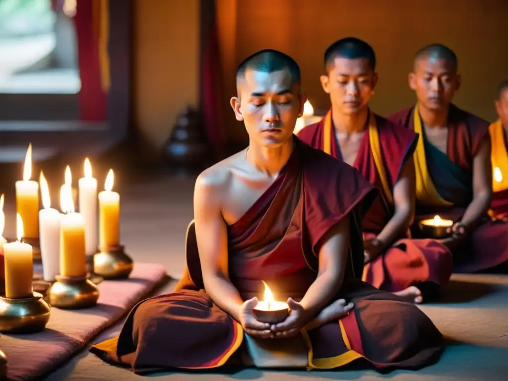 Monjes tibetanos practicando la respiración Tummo en un templo iluminado por velas, creando una atmósfera mística y serena