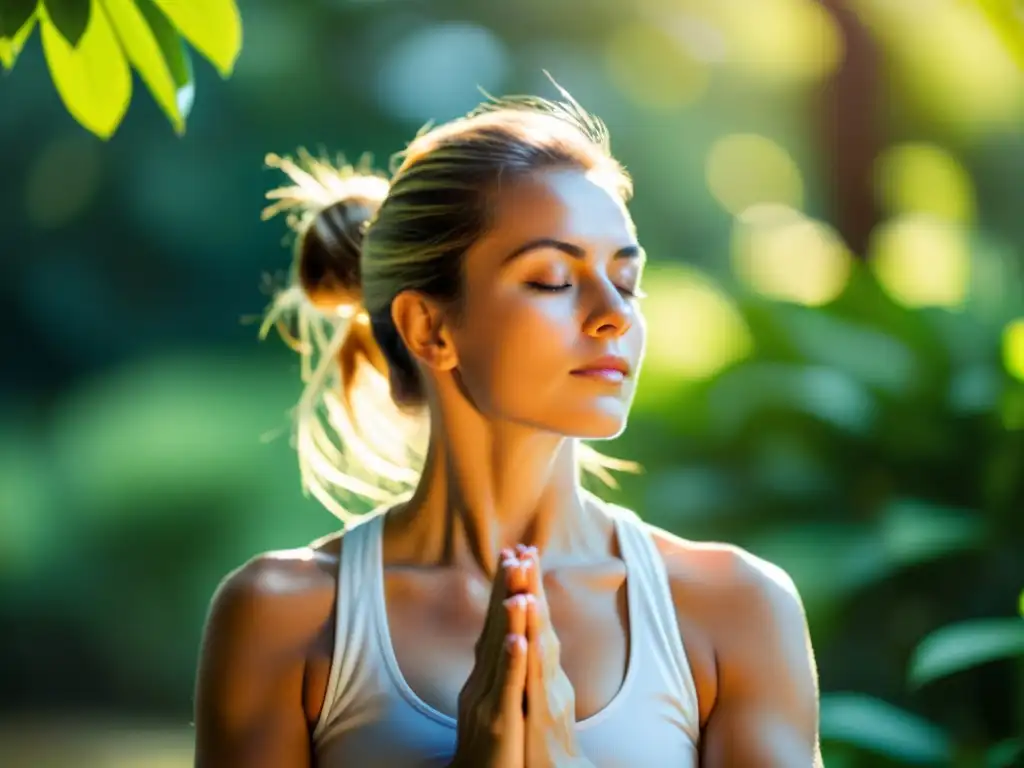 Una mujer practica yoga al aire libre rodeada de exuberante vegetación, bañada por cálida luz solar