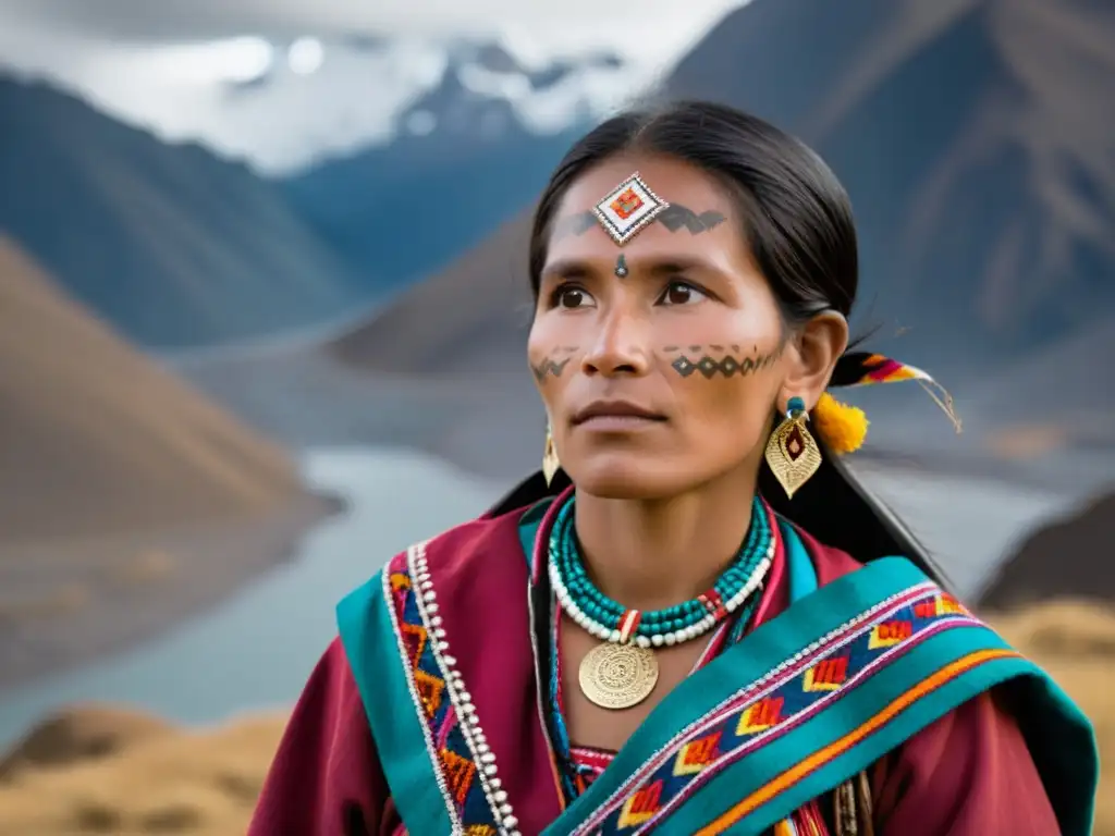 Una mujer andina peruana con adaptaciones respiratorias, viste traje tradicional frente a imponentes picos andinos