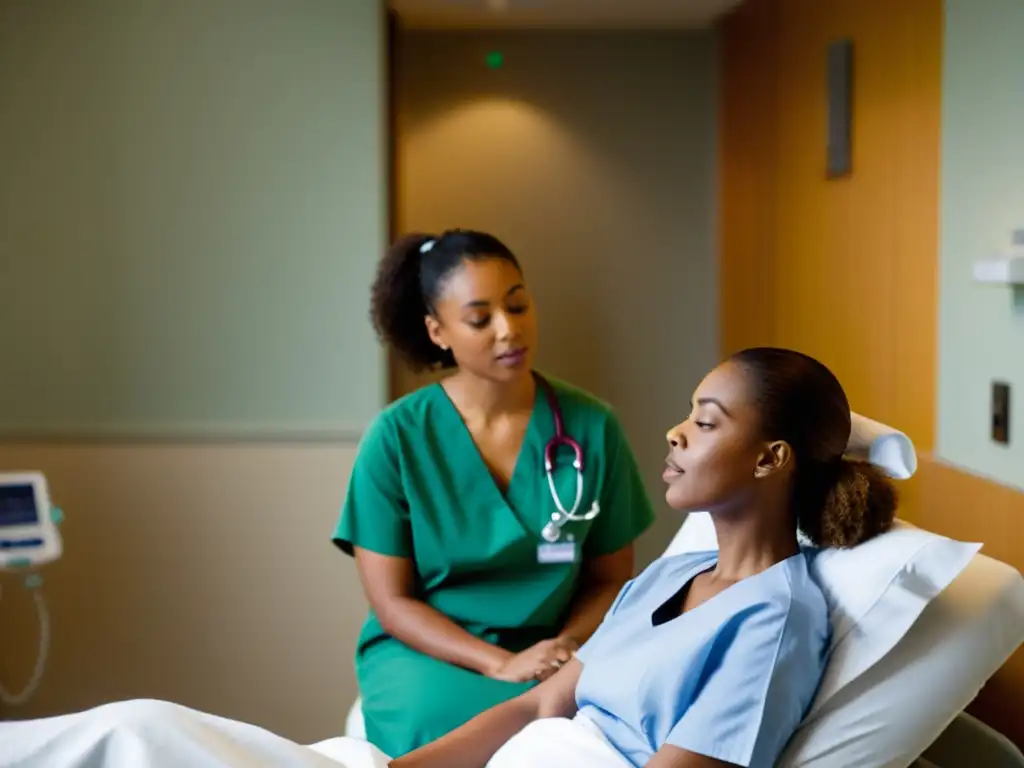 Una mujer en una cama de hospital practica ejercicios de respiración consciente con un terapeuta respiratorio