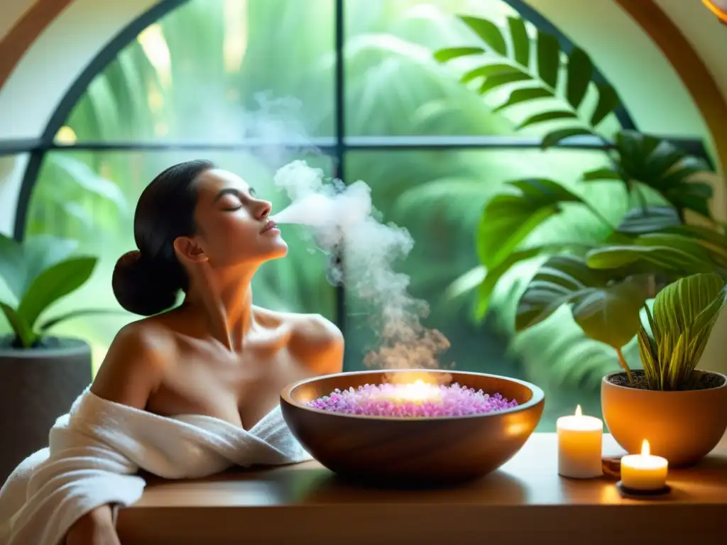 Una mujer disfruta de una inhalación aromaterapéutica para capacidad pulmonar en un spa sereno entre exuberante vegetación y luz natural