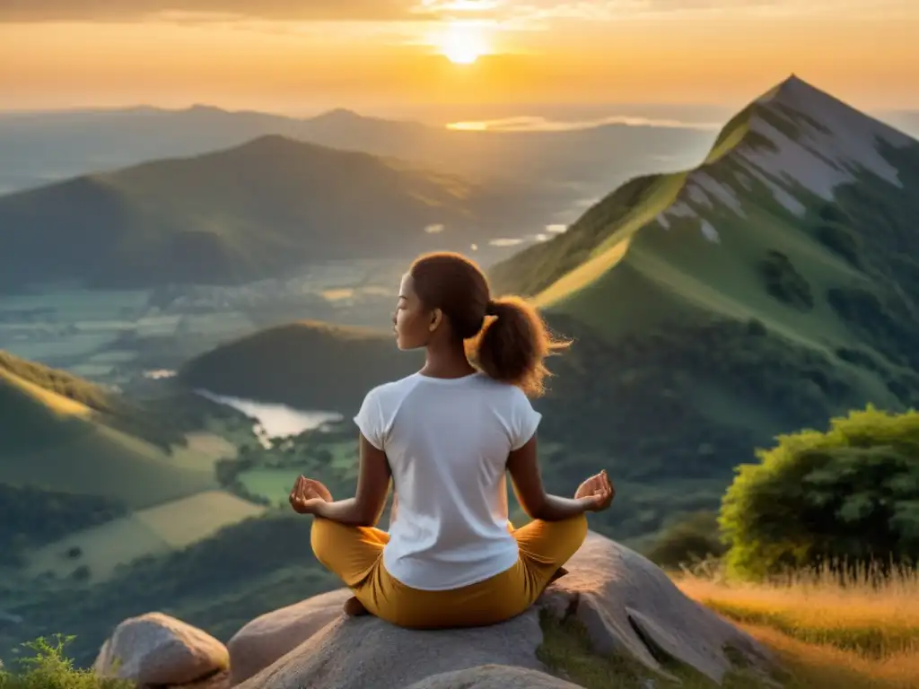 Una mujer medita en la cima de la montaña al atardecer, irradiando paz interior y conexión con la naturaleza