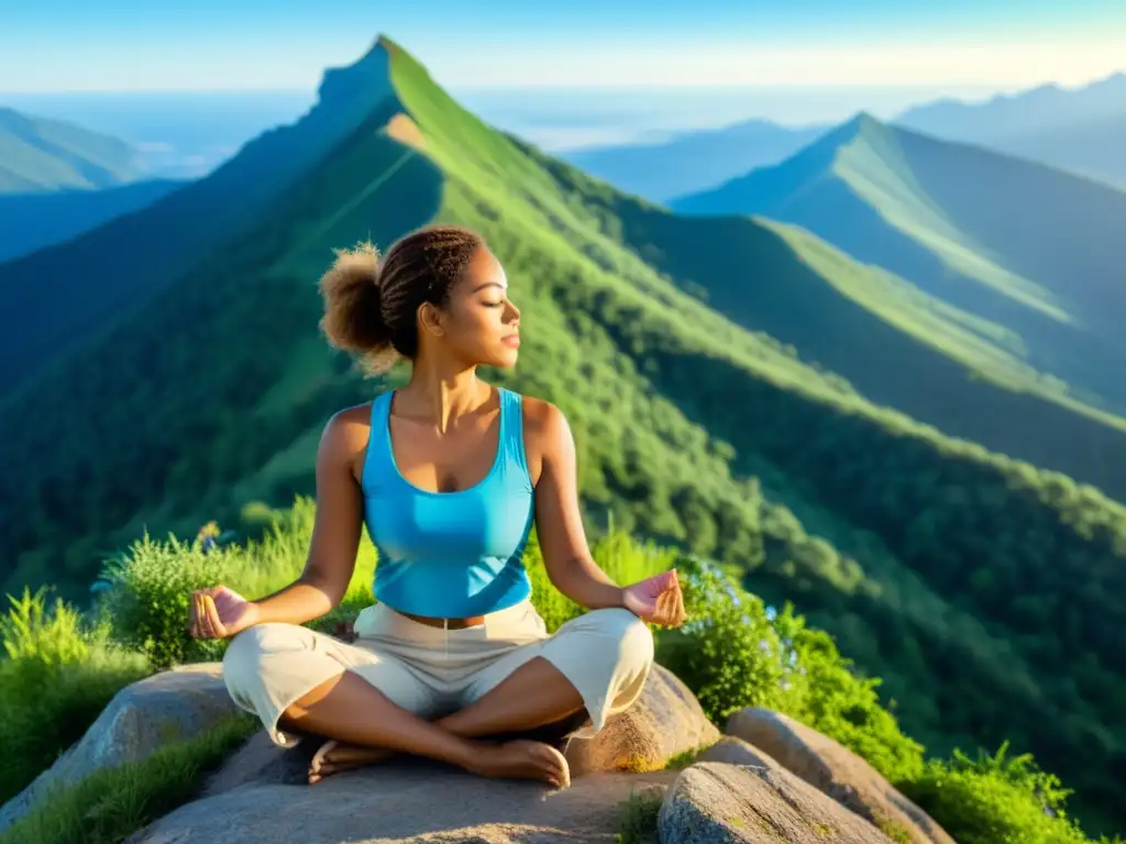 Una mujer medita en la cima de una montaña, conectada con la naturaleza y la respiración