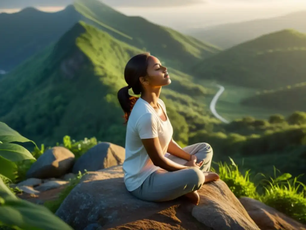 Una mujer medita en la cima de la montaña, rodeada de naturaleza exuberante