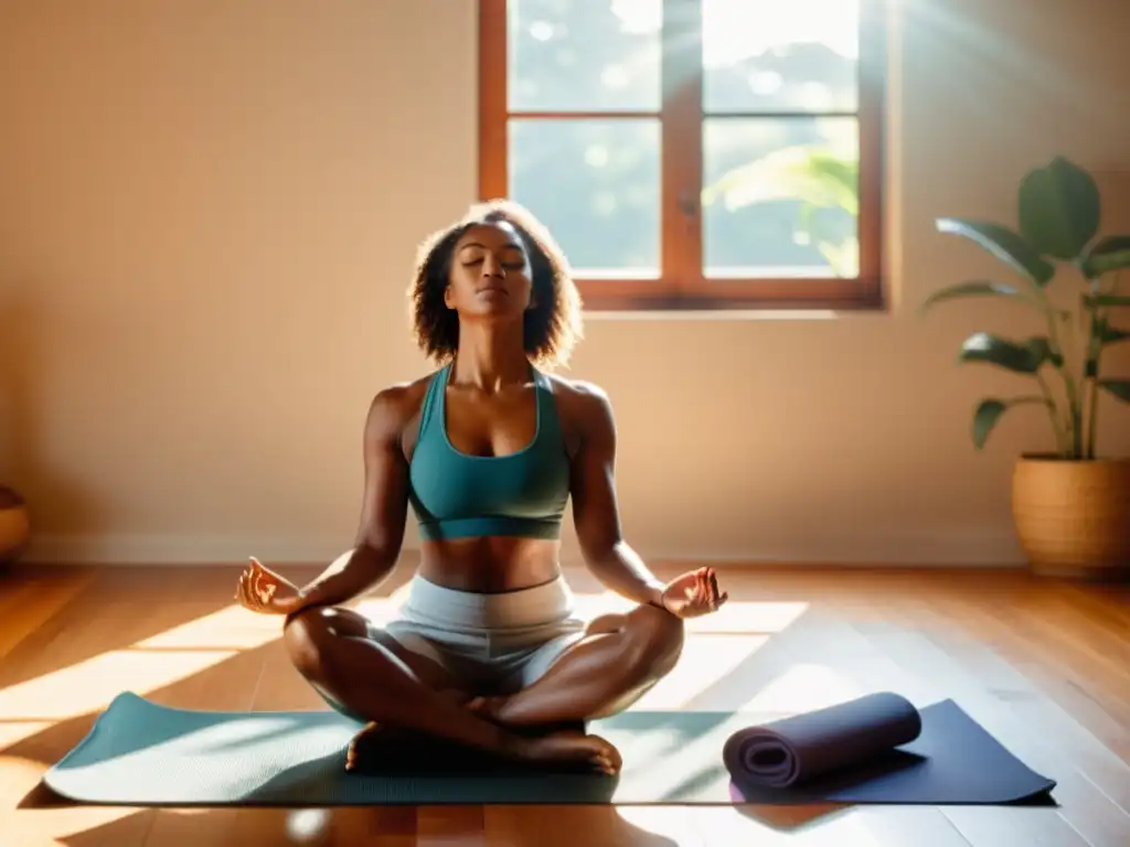 Una mujer en meditación aumenta claridad mental con ejercicios de respiración en un espacio luminoso y tranquilo con una planta verde al fondo