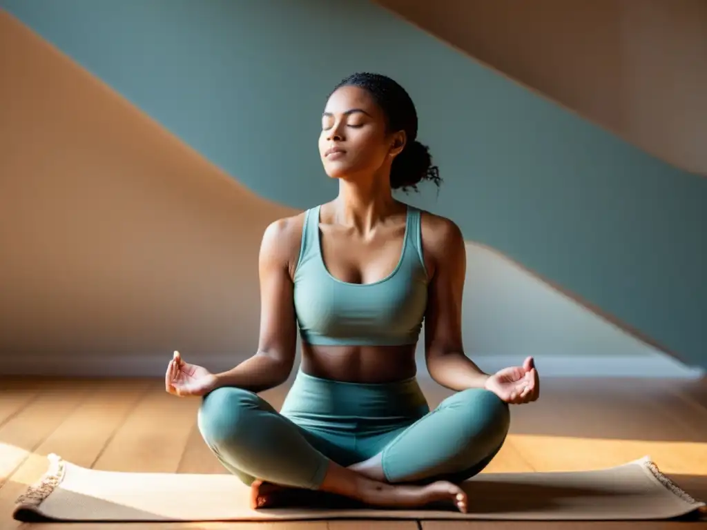 Una mujer practica respiración diafragmática para combatir estrés, con los ojos cerrados y una postura tranquila en un entorno sereno y luminoso