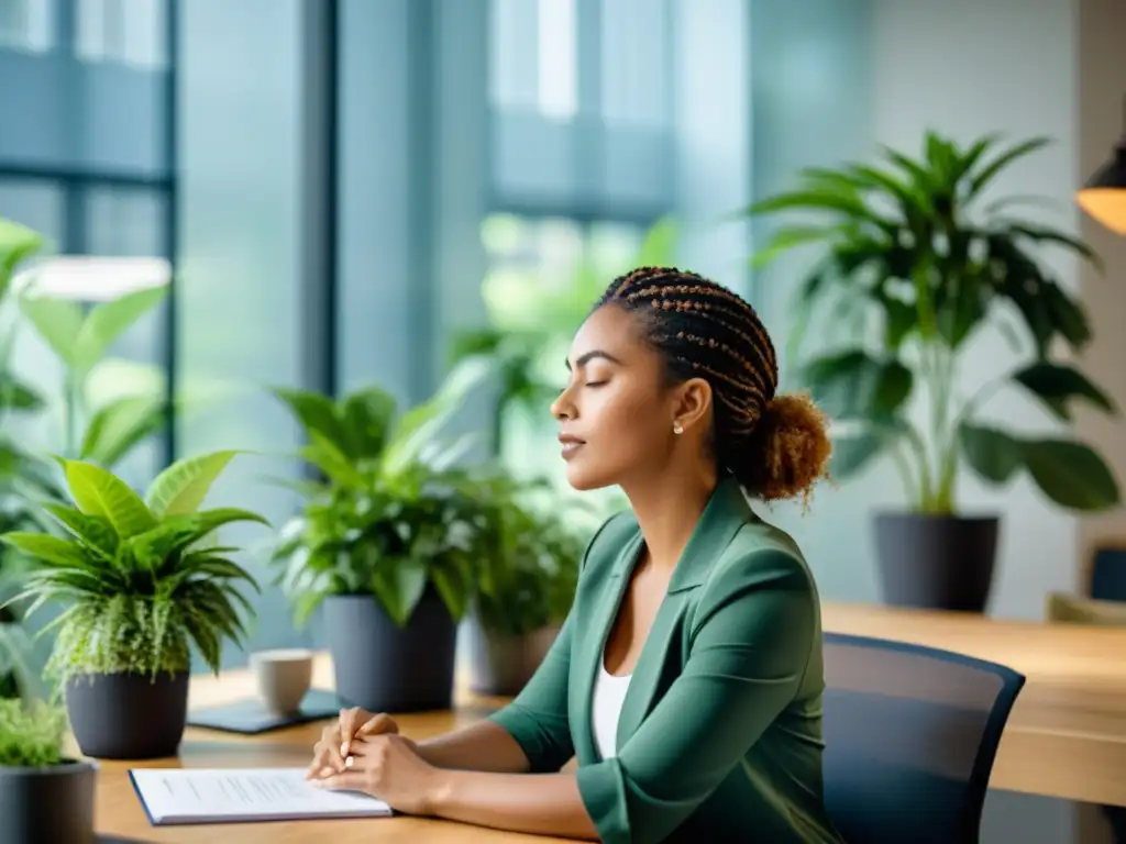 Una mujer practica ejercicios de respiración consciente en una oficina moderna con plantas y luz natural