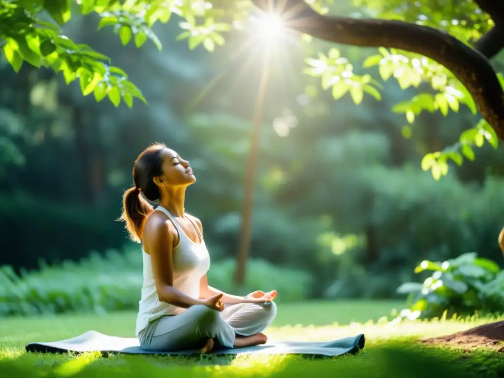 Mujer practicando ejercicios de respiración en un entorno natural sereno, rodeada de vegetación exuberante y luz solar