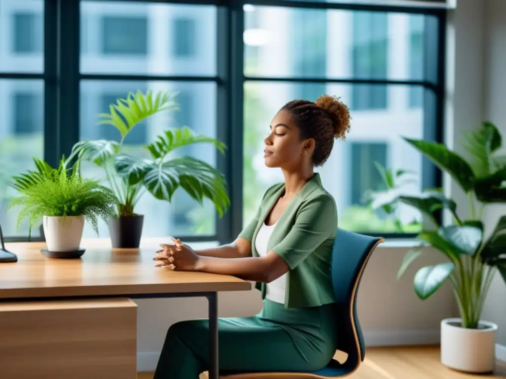 Una mujer practica ejercicios de respiración profunda en su oficina ergonómica, creando un ambiente tranquilo y calmado