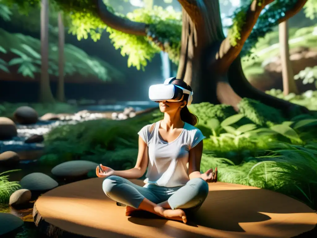 Una mujer disfruta de ejercicios respiratorios en ambientes virtuales, inmersa en un bosque tranquilo a través de un visor de realidad virtual