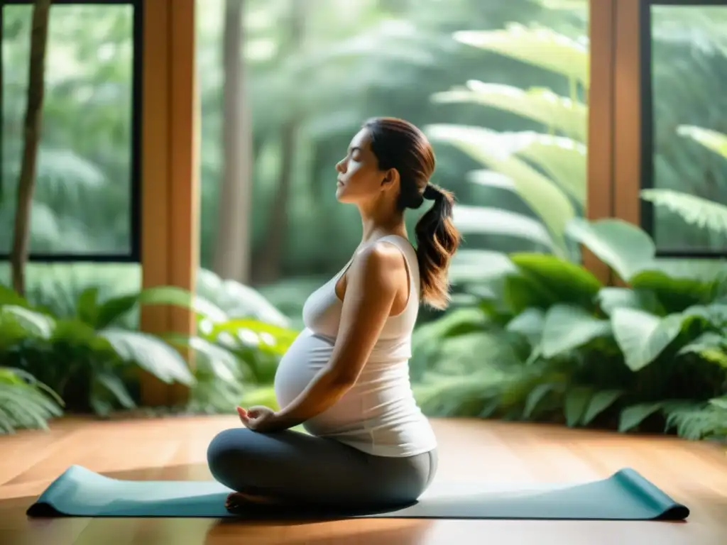 Una mujer embarazada practica respiración adecuada en un entorno sereno y natural, transmitiendo calma y conexión con su bebé