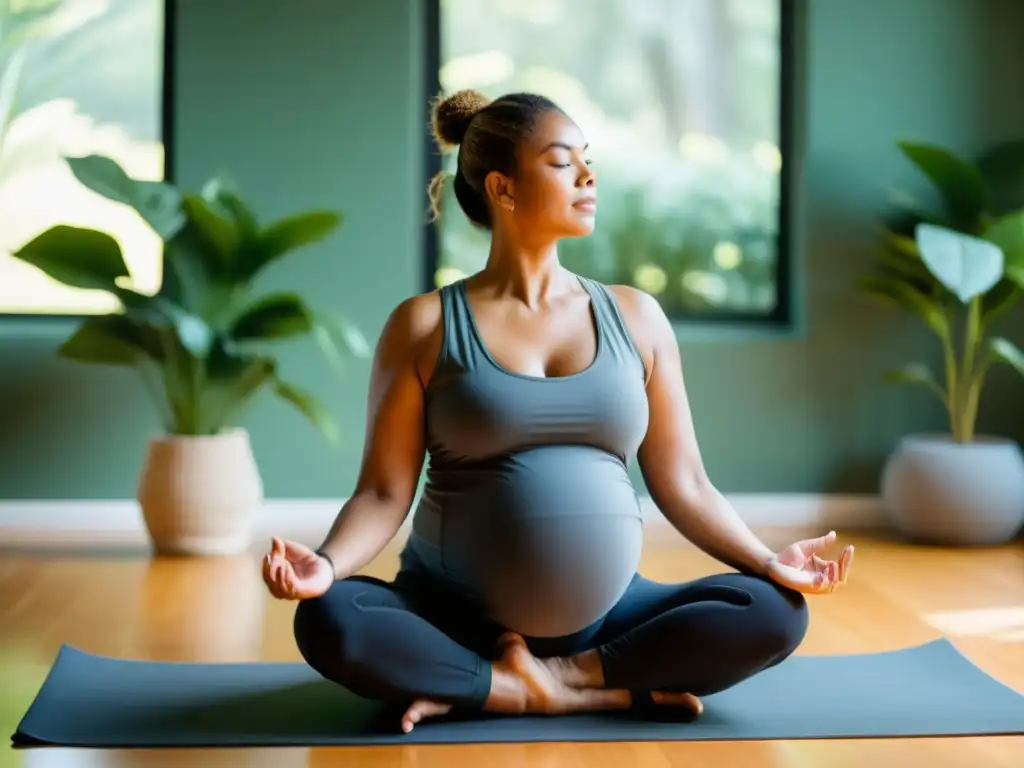 Una mujer embarazada en un estudio de yoga, practicando respiración profunda en un ambiente tranquilo y sereno