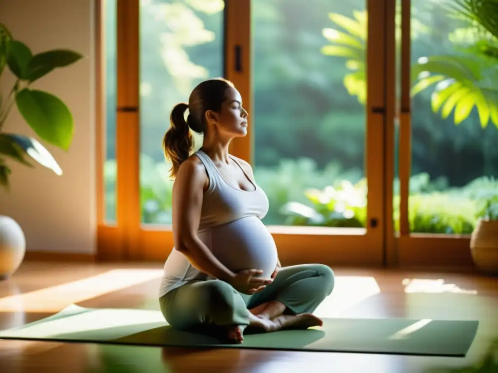 Una mujer embarazada practica respiración profunda en un estudio de yoga soleado y exuberante, transmitiendo calma y enfoque para la maternidad