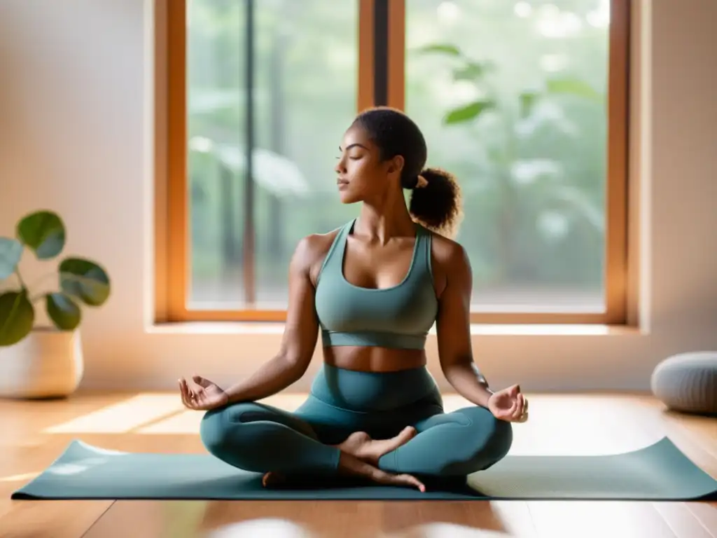 Una mujer embarazada practica seguras técnicas de respiración en un estudio de yoga sereno y moderno