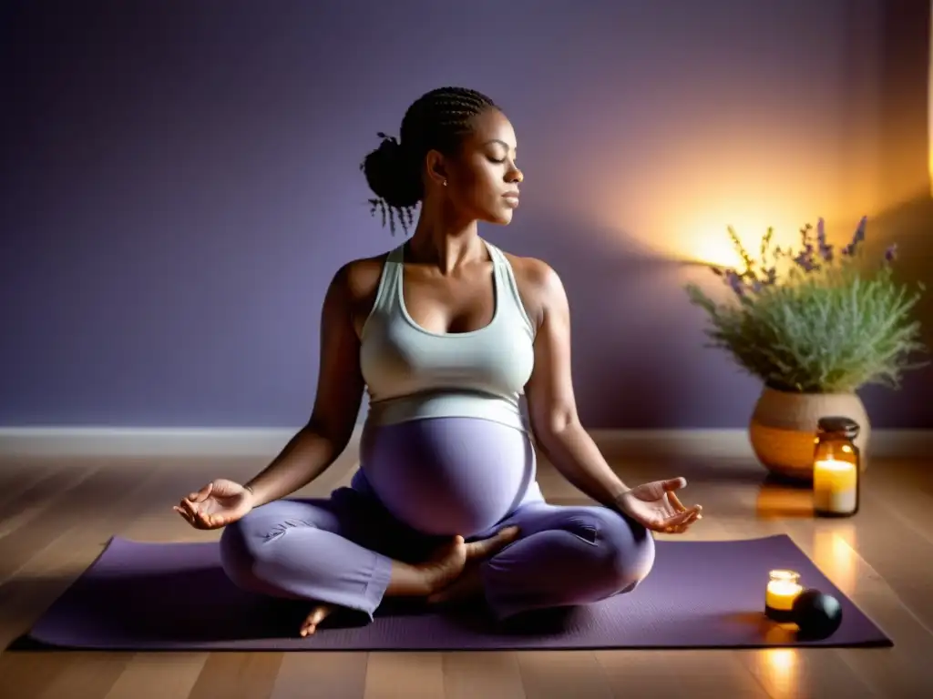 Una mujer embarazada serena practica respiración y aromaterapia rodeada de luz suave y naturaleza