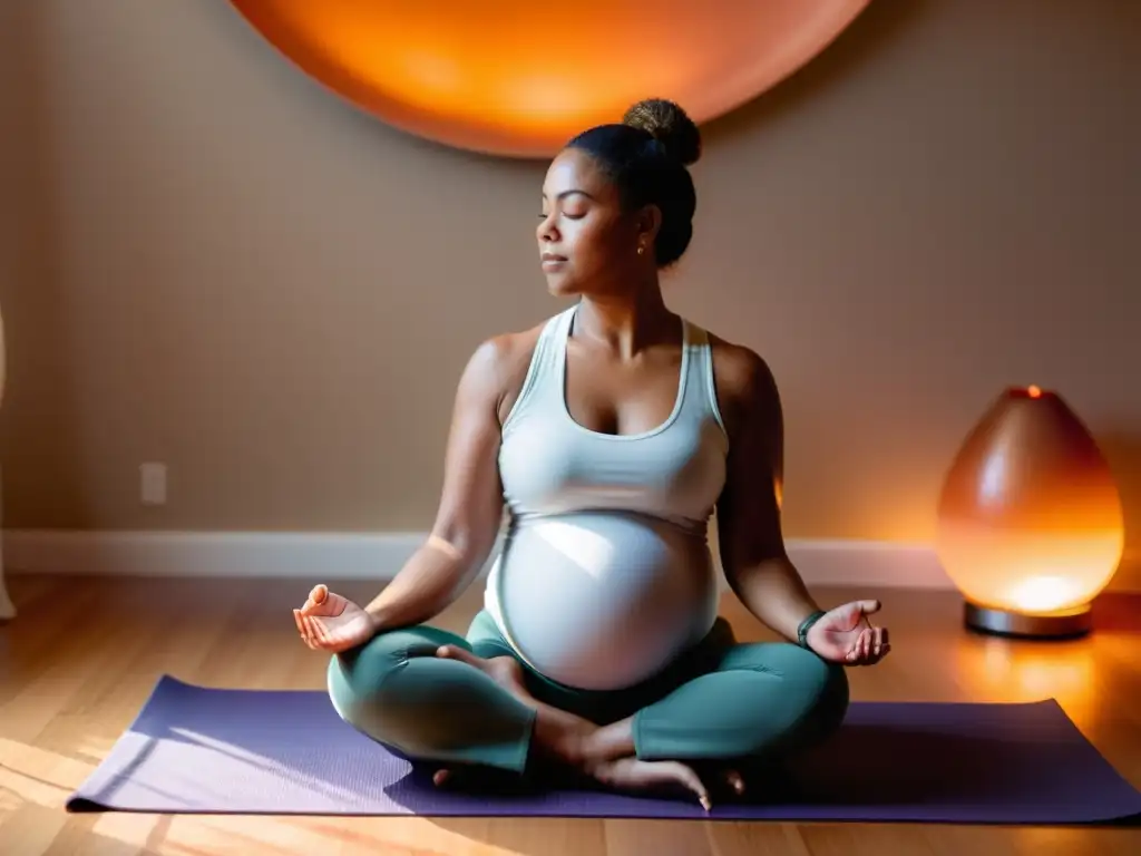 Yoga prenatal: serenidad y preparación para el parto Una mujer embarazada practica técnicas de respiración para parto en un espacio tranquilo y sereno, con la luz suave de una lámpara de sal