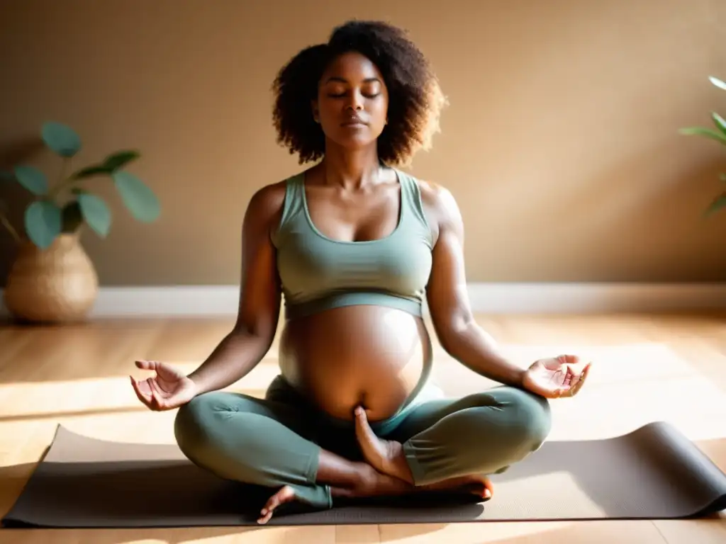 Embarazo sereno: mujer practicando yoga en paz Una mujer embarazada practica técnicas de respiración para parto en una atmósfera serena, con luz suave y tonos terrosos