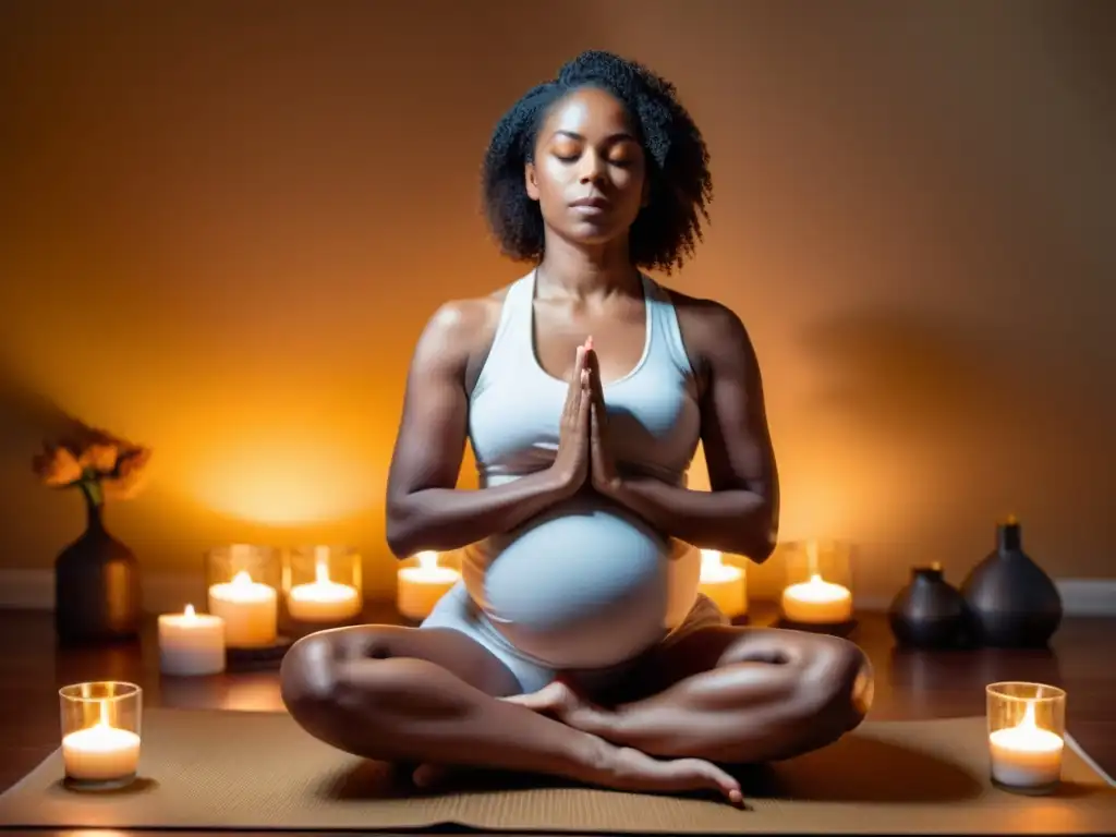 Embarazo en paz: mujer concentrada en yoga Una mujer embarazada practica técnicas de respiración para parto en un entorno sereno y tranquilo, rodeada de luz suave de velas