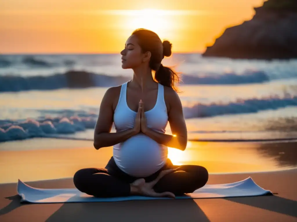 Una mujer embarazada practica yoga al amanecer en la playa, enfocada en su respiración profunda, transmitiendo serenidad y cuidado propio