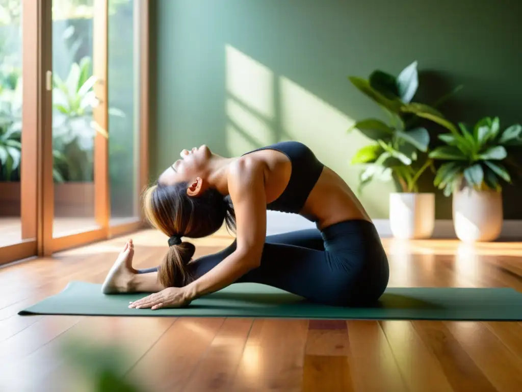 Una mujer en un estudio de yoga, en flexión profunda, con su cabello largo cayendo alrededor de su rostro mientras toma una respiración consciente