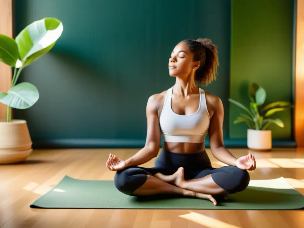 Una mujer practica yoga en un estudio iluminado por el sol, rodeada de vegetación exuberante, creando una atmósfera de tranquilidad y mindfulness