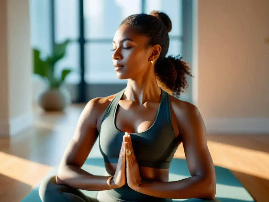 Una mujer practica yoga en un estudio sereno y soleado, con un wearable especializado en respiración que guía su práctica