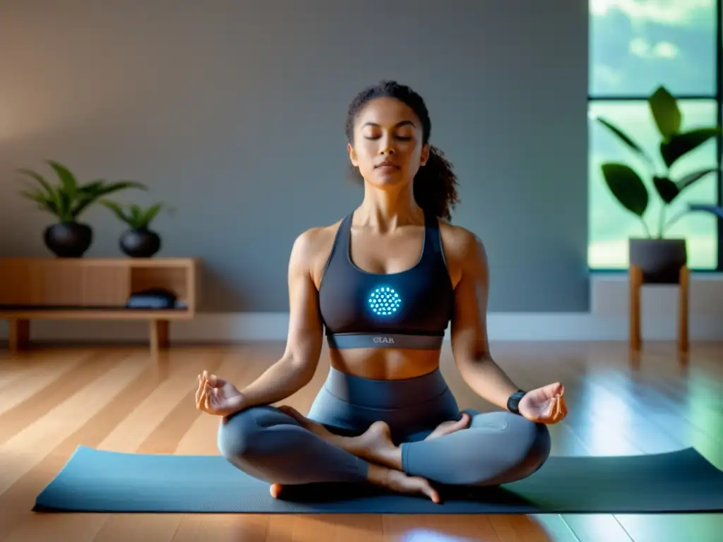 Una mujer en un estudio de yoga usando un wearable de respiración, con pantalla mostrando datos de respiración en tiempo real