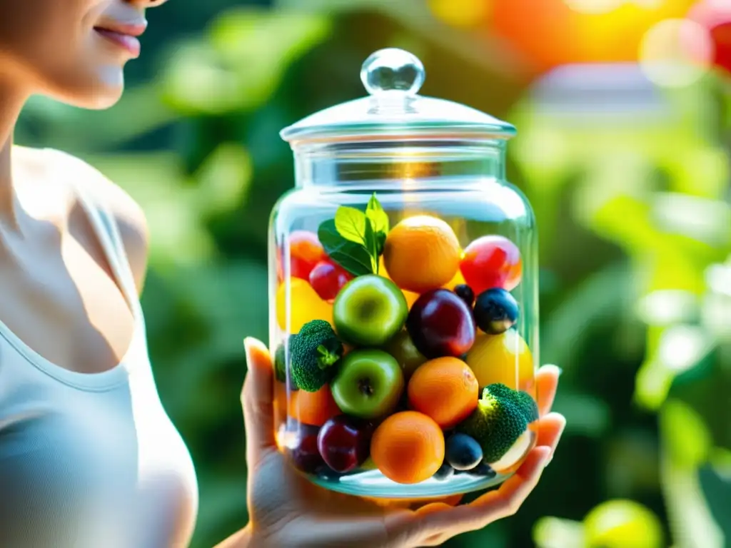 Una mujer sostiene un frasco con frutas y verduras frescas, irradiando vitalidad y salud