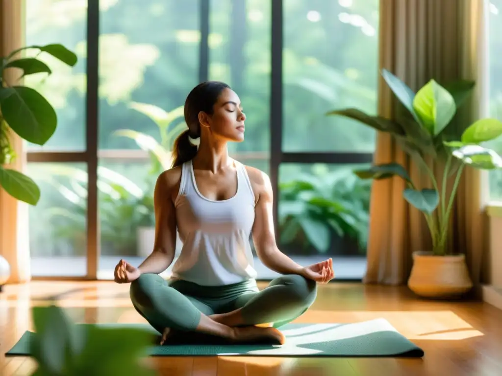 Una mujer practica yoga en una habitación luminosa y relajante, en una rutina revitalizante con respiración yóguica