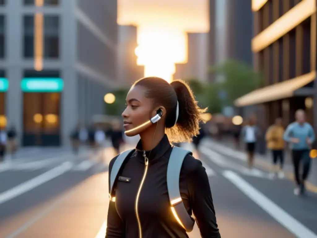 Una mujer lleva un innovador dispositivo respiratorio integrado a la perfección en su atuendo mientras camina por la ciudad al atardecer