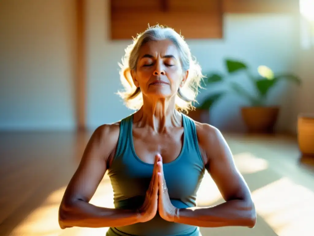 Una mujer mayor practica ejercicios de respiración para pulmones envejecidos en una habitación serena y soleada, irradiando tranquilidad y bienestar