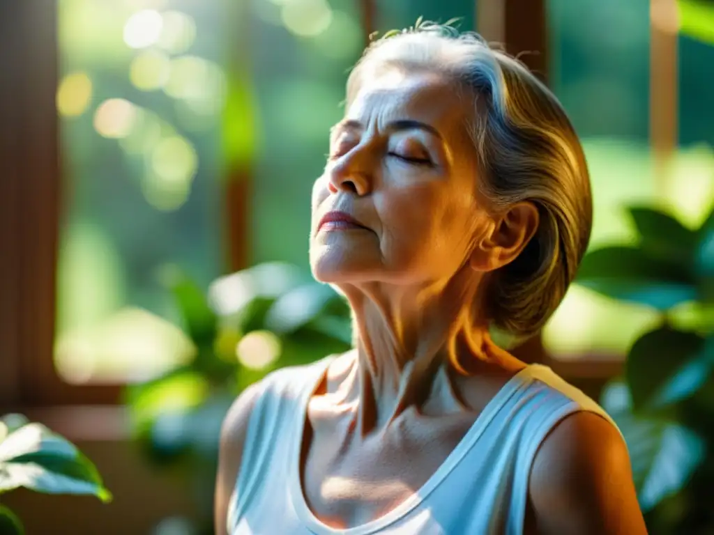 Una mujer mayor practica ejercicios de respiración profunda en una habitación serena y soleada, rodeada de plantas verdes exuberantes, destacando la importancia de la prevención de patologías pulmonares en ancianos