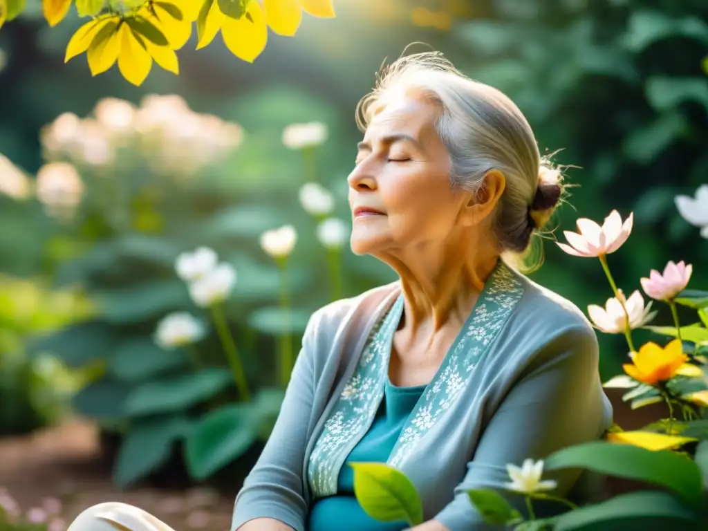 Una mujer mayor practica ejercicios de respiración en un jardín tranquilo, rodeada de flores