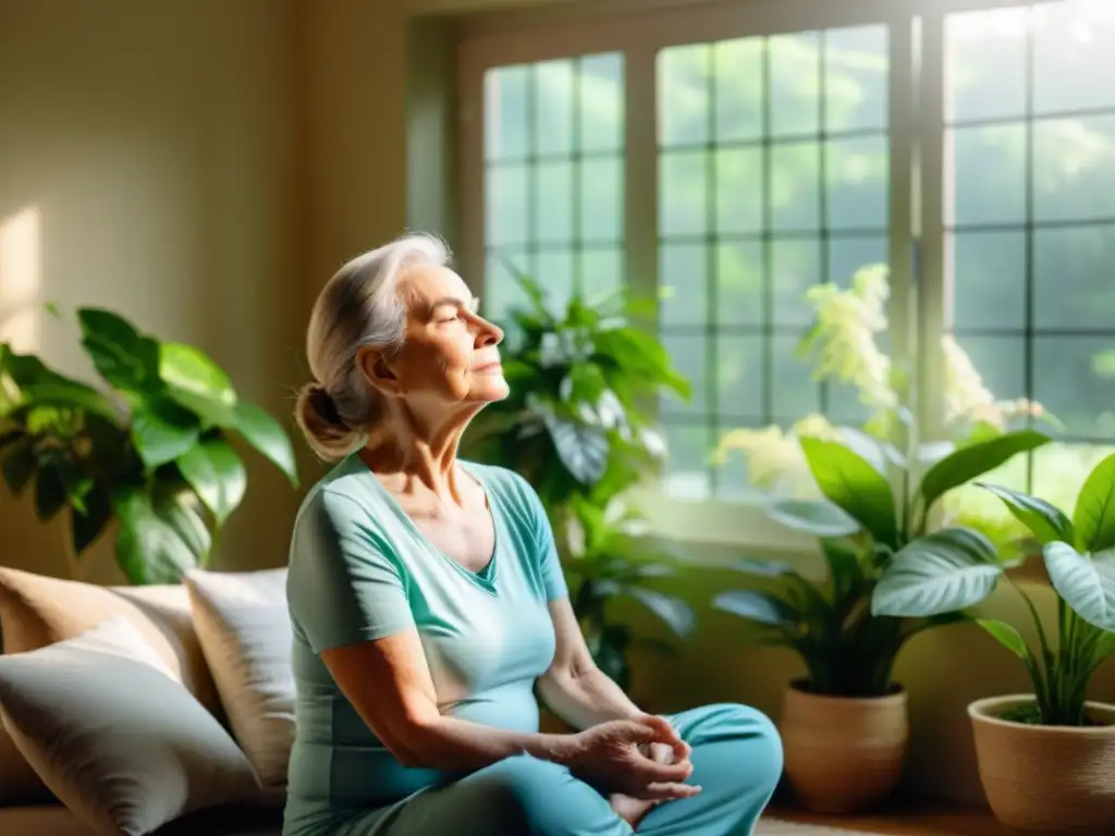 Una mujer mayor practica ejercicios de respiración profunda en un ambiente tranquilo y soleado rodeada de plantas, transmitiendo paz y esperanza