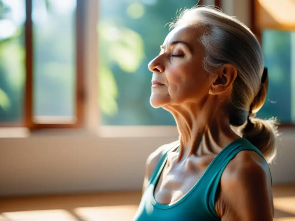 Una mujer mayor practica ejercicios de respiración en un ambiente luminoso y tranquilo, superando limitaciones respiratorias en la tercera edad