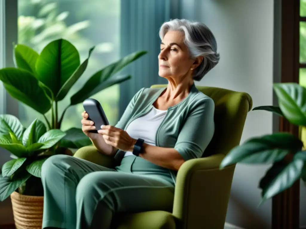 Una mujer mayor practica ejercicios de respiración con un dispositivo mientras está rodeada de plantas verdes, creando un ambiente sereno y tranquilo