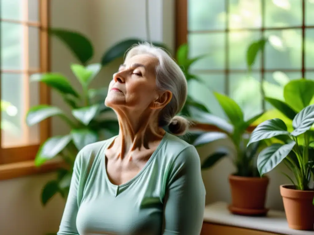 Una mujer mayor practica ejercicios respiratorios para prevenir neumonía en una habitación luminosa y serena, rodeada de exuberantes plantas verdes