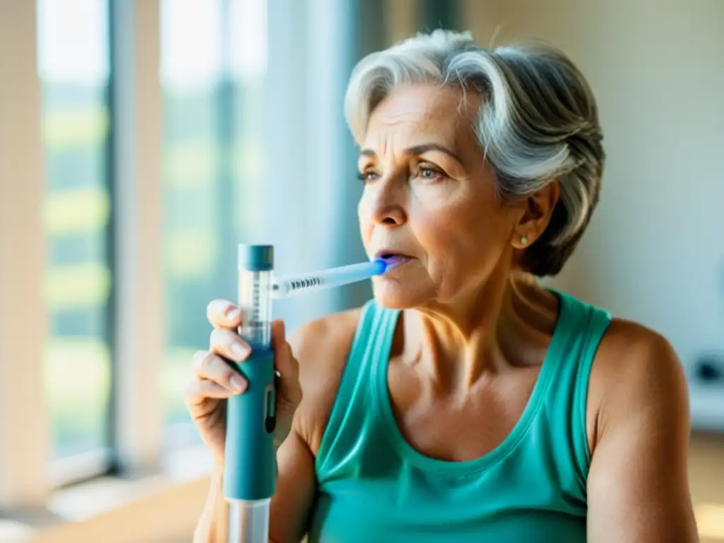 Una mujer mayor mejora su capacidad pulmonar con un espirómetro en una luminosa habitación