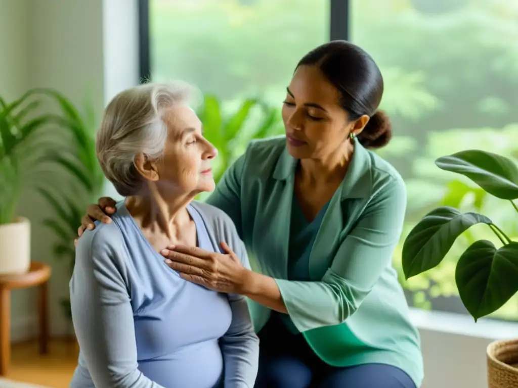 Una mujer mayor practica técnicas de respiración para EPOC con la ayuda de un terapeuta respiratorio en un entorno luminoso y tranquilo, rodeada de plantas verdes