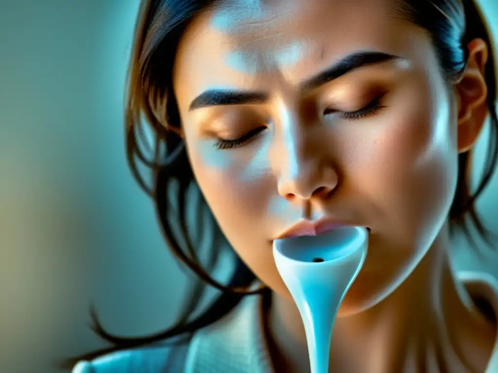 Mujer usando un neti pot para soluciones naturales congestión nasal, con expresión serena y luz natural