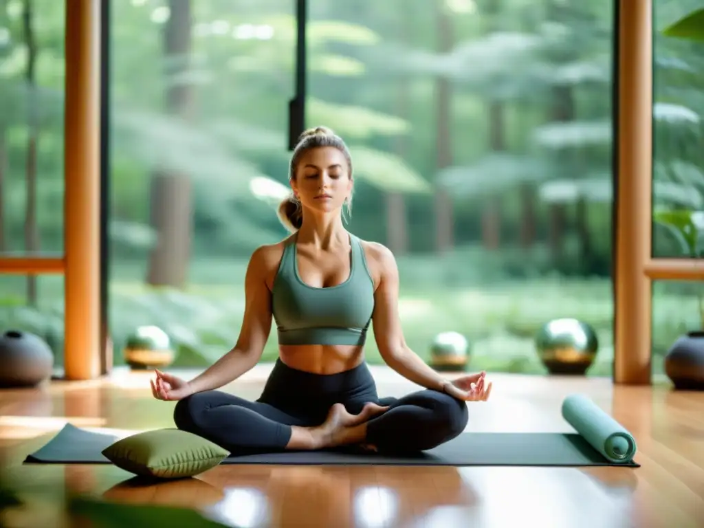 Una mujer en pose de yoga serena rodeada de accesorios para respiración, en un estudio con vistas a un frondoso bosque