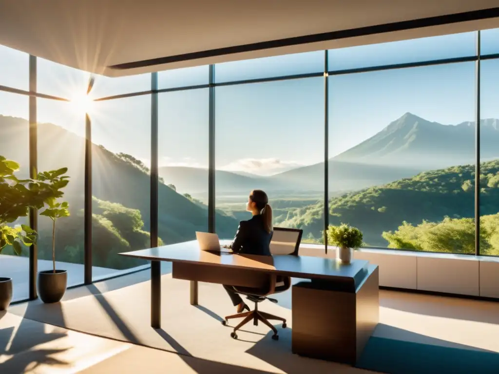 Una mujer profesional practica respiración consciente en su oficina con vista a la naturaleza, irradiando calma y serenidad