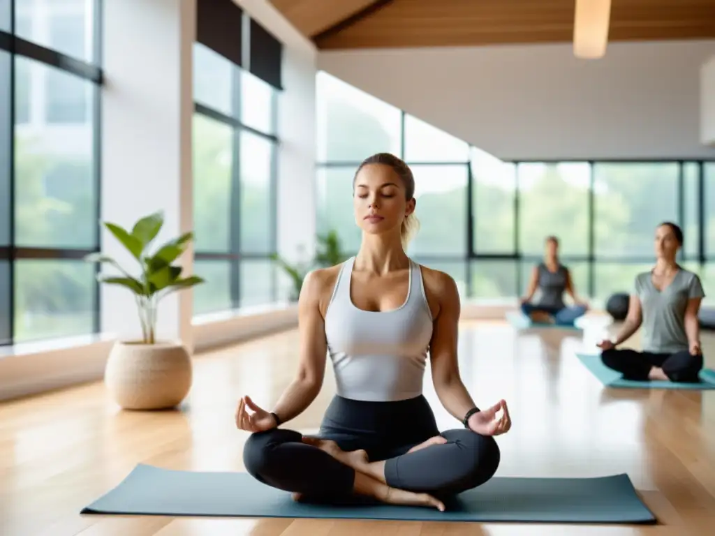 Una mujer profesional practica respiración diafragmática en una oficina moderna, irradiando calma y equilibrio entre sus colegas