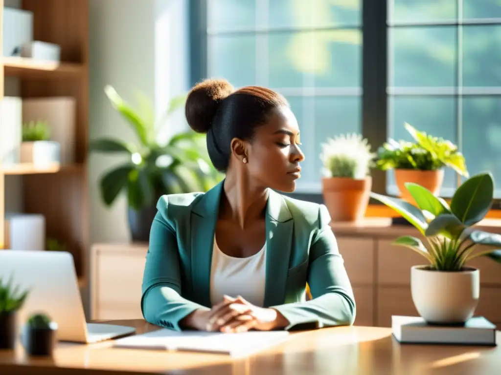 Una mujer profesional practica técnicas de respiración en su tranquila oficina con luz natural, exudando concentración y confianza